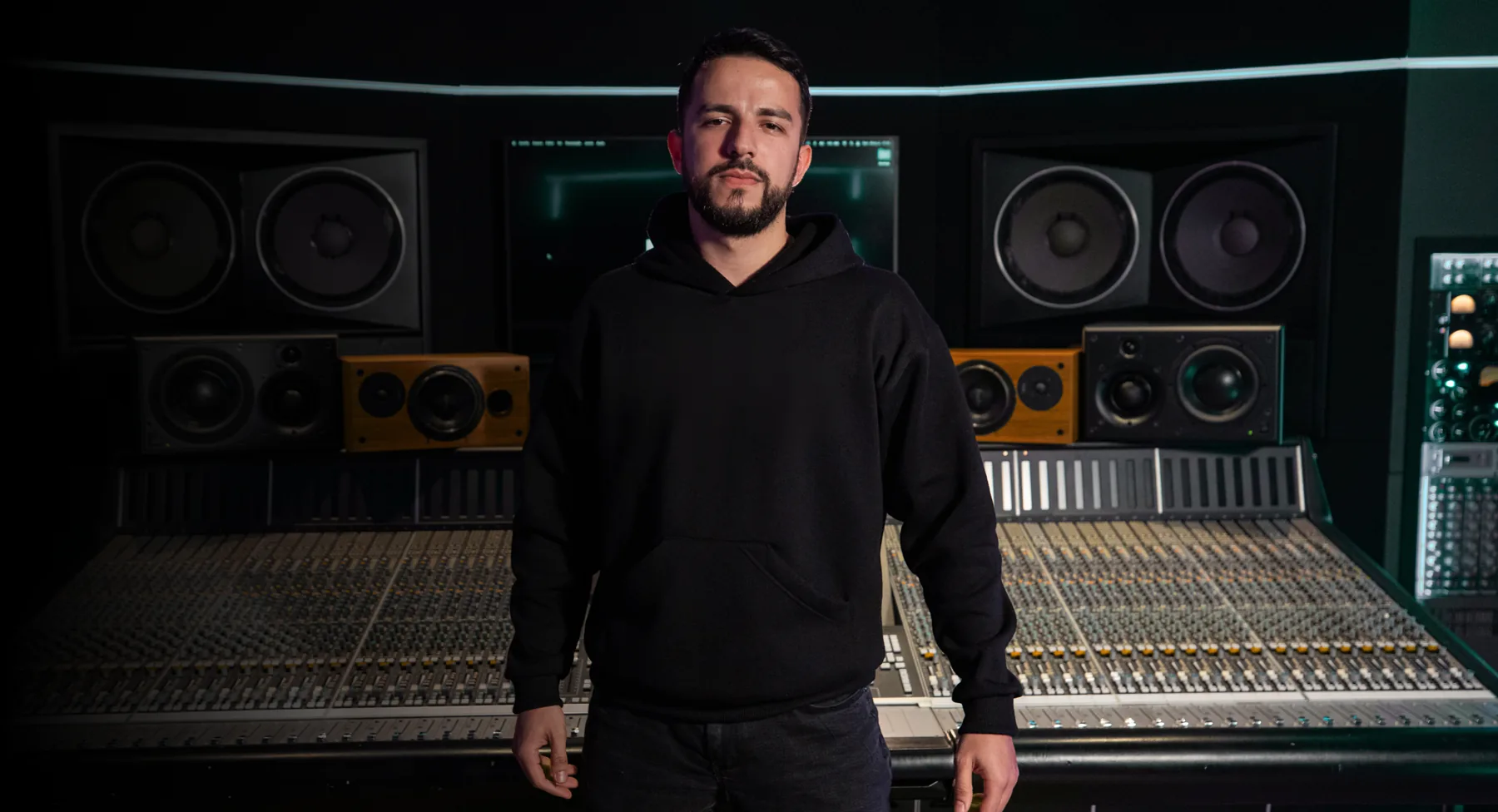 Allan Krás in his mixing studio in Brazil