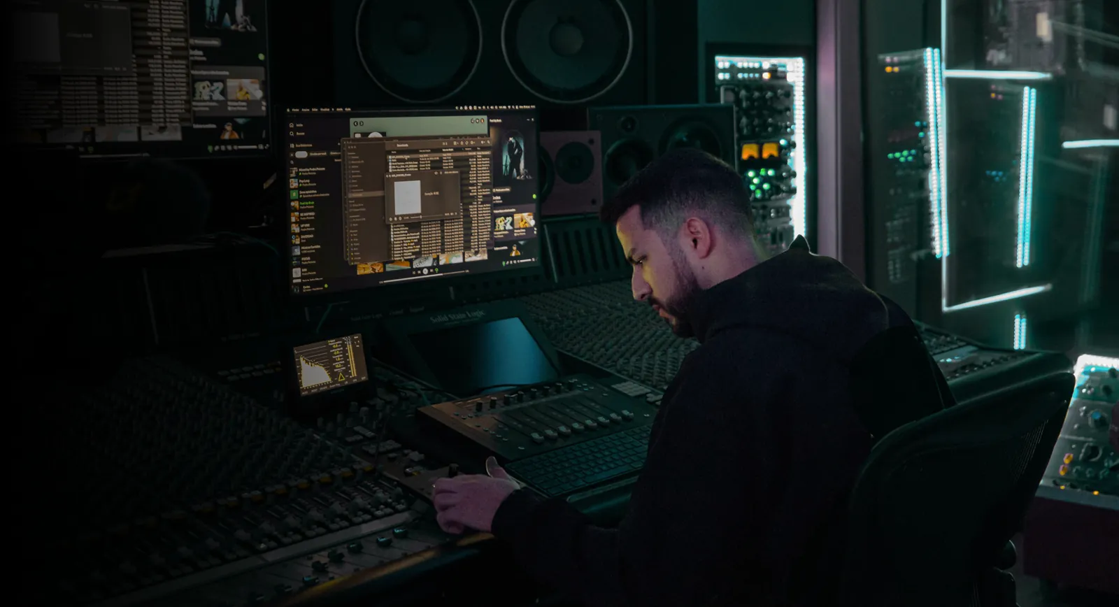 Allan Krás making mix decisions at the studio console